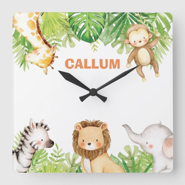 Cute Jungle Safari Animals Baby Boy Nursery Decor Square Wall Clock (Front)