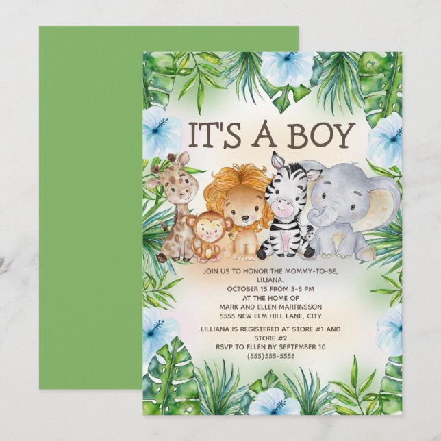 Cute Jungle Safari Animals Baby Boy Shower Invitation (Front/Back)