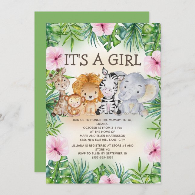 Cute Jungle Safari Animals Baby Girl  Invitation (Front/Back)