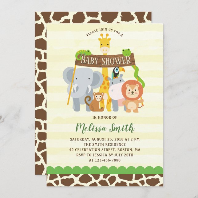 Cute Jungle Safari Animals Baby Shower Invitation (Front/Back)