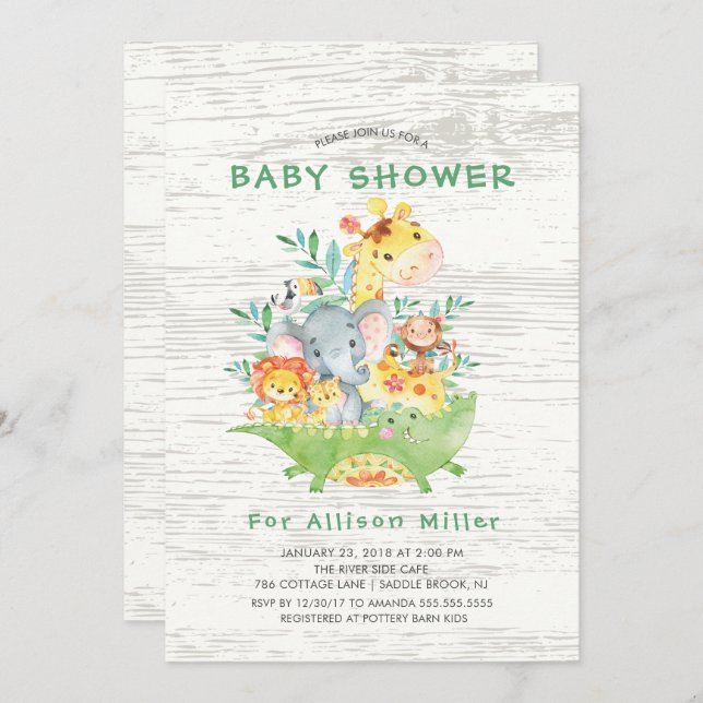 Cute Jungle Safari Animals Baby Shower Invitations (Front/Back)