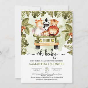 Cute jungle safari animals driving a truck oh baby invitation