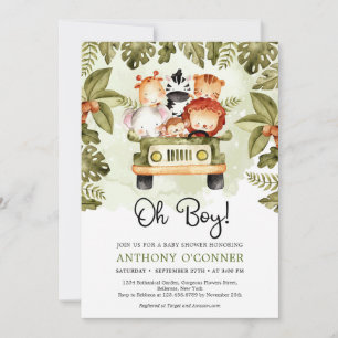 Cute jungle safari animals driving a truck oh boy invitation