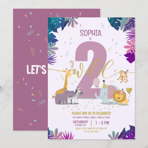 Cute Jungle Safari Animals Girls Two Wild Birthday Invitation