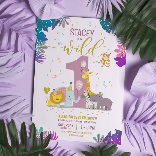Cute Jungle Safari Animals Girls Wild One Birthday Invitation (Creator Uploaded)