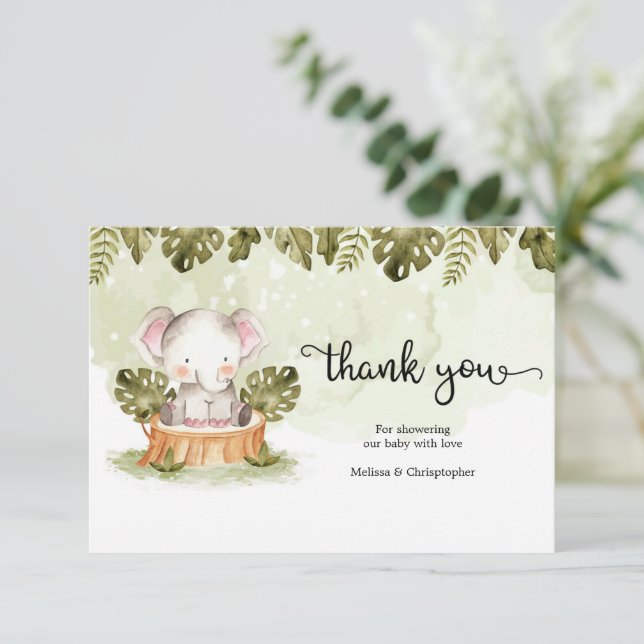 Cute jungle safari animals in truck baby thank you enclosure card (Standing Front)