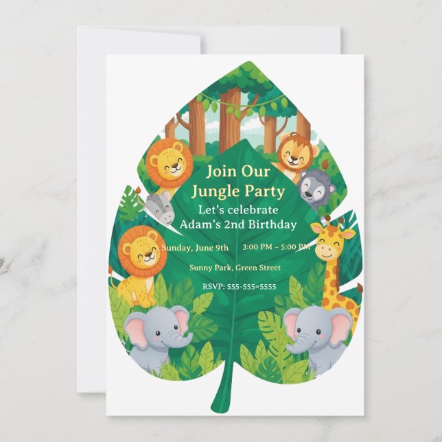 Cute Jungle Safari Animals Leaf Shape 2nd Birthday Invitation (Front)