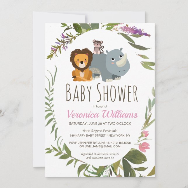 Cute Jungle Safari Animals Pink Baby Shower Invitation (Front)