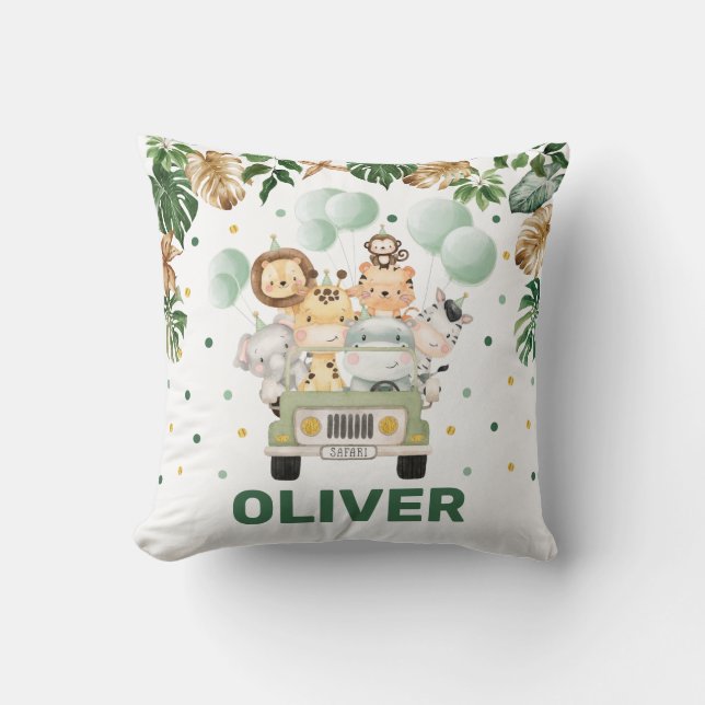 Cute Jungle Safari Animals Tropical Greenery Boy Cushion (Front)