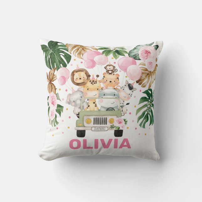 Cute Jungle Safari Animals Tropical Greenery Girl Cushion (Front)