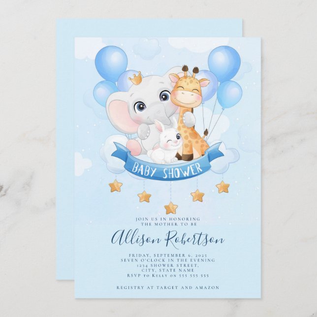 Cute Jungle Safari Animals Watercolor Baby Shower  Invitation (Front/Back)