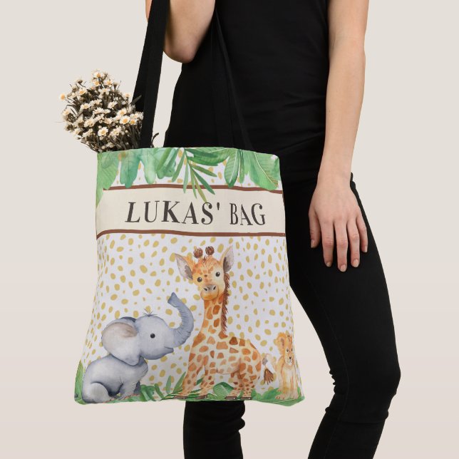 Cute Jungle Safari Baby Animals Personalised Large Tote Bag (Close Up)