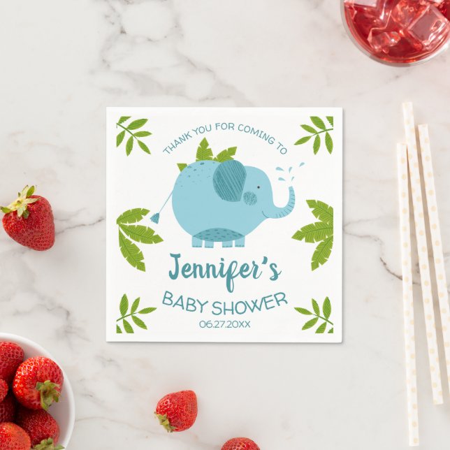 Cute Jungle Safari Blue Elephant Baby Shower  Napkin (Insitu)