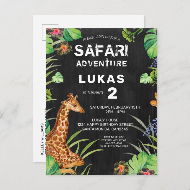 Cute Jungle Safari Giraffe Birthday Invitation (Front/Back)