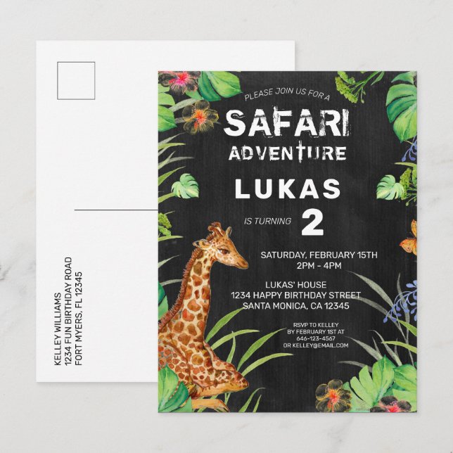 Cute Jungle Safari Giraffe Birthday Invitation Postcard (Front/Back)