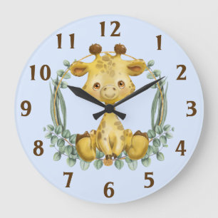 Cute Jungle Safari Giraffe Blue Baby Nursery Large Clock
