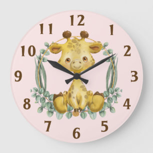 Cute Jungle Safari Giraffe Pink Baby Nursery Large Clock