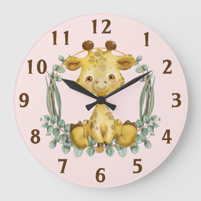 Cute Jungle Safari Giraffe Pink Baby Nursery  Large Clock (Front)