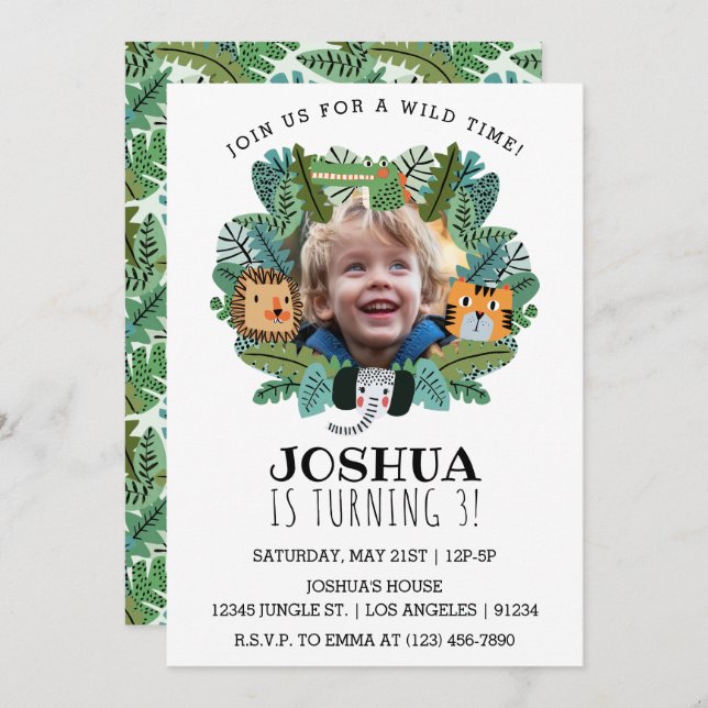 Cute Jungle Safari Lion Tiger Elephant Birthday Invitation (Front/Back)