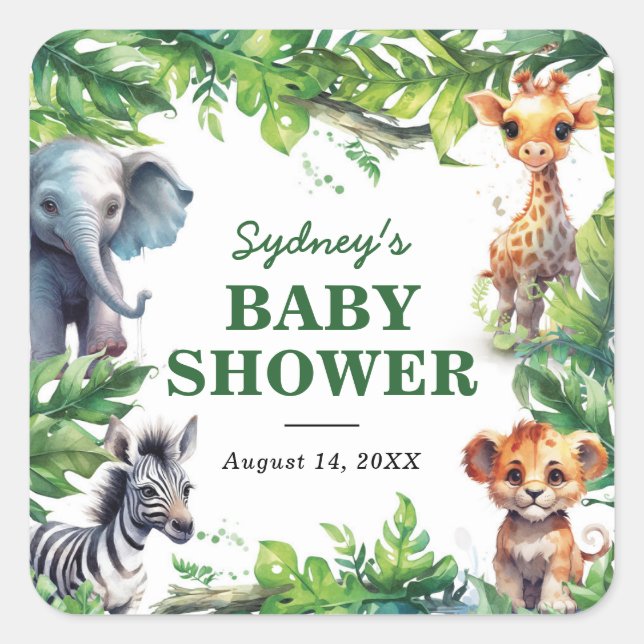 Cute Jungle Safari Tropical Animals Baby Shower Square Sticker (Front)
