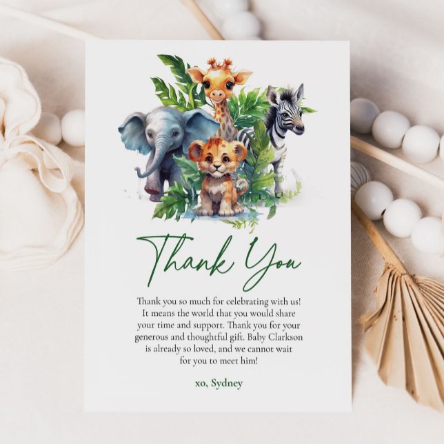 Cute Jungle Safari Tropical Animals Baby Shower Thank You Card (Creator Uploaded)