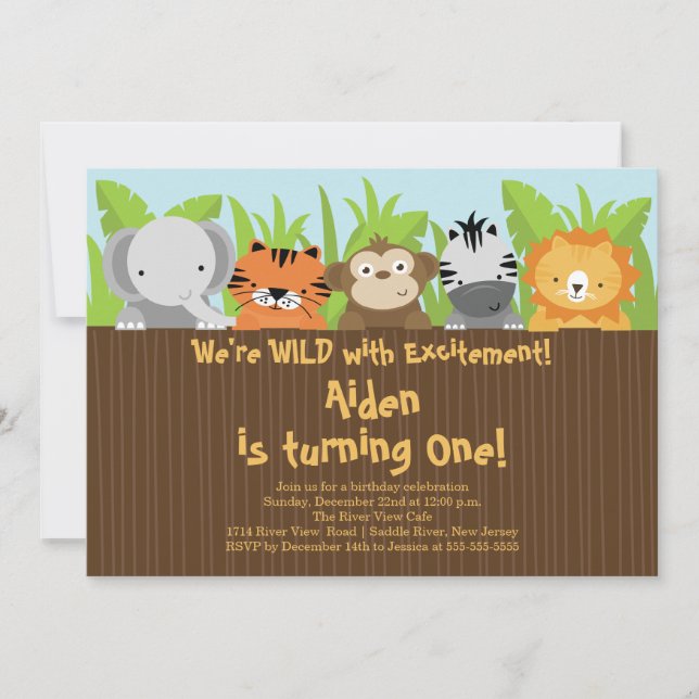 Cute Jungle Safari Zoo Animals Kids Birthday Invitation (Front)