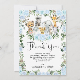 Cute Jungle Wild Animals Blue Floral Baby Boy Thank You Card