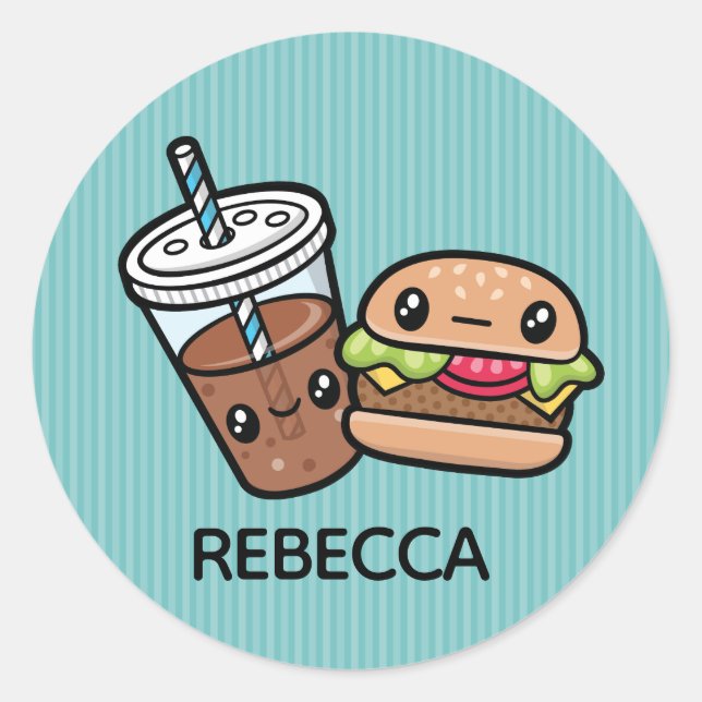Cute Junk Food burger and soda Classic Round Sticker (Front)