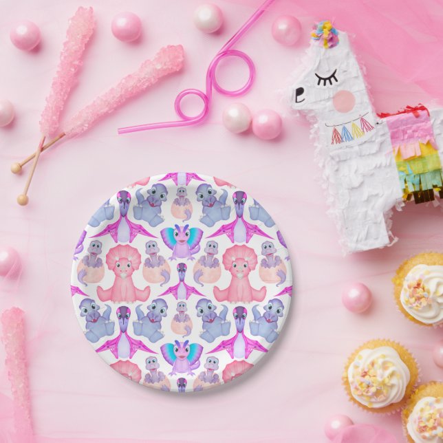Cute Jurassic Girls Birthday Pink Dinosaur Paper Plate (Party)