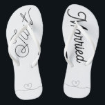 Cute Just Married Heart black script Thongs<br><div class="desc">Just Married Bride flip flops—a fun bridal gift for her. Modern black script font text decorated with a cute heart illustration. Simple elegant romantic black lettering. Order a pair for your honeymoon—let people know you just got married!</div>
