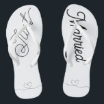 Cute Just Married Heart black script Thongs<br><div class="desc">Just Married Bride flip flops—a fun bridal gift for her. Modern black script font text decorated with a cute heart illustration. Simple elegant romantic black lettering. Order a pair for your honeymoon—let people know you just got married!</div>