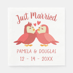 Cute Just Married Lovebirds Red Burgundy Wedding Napkin