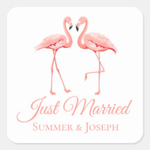 Cute Just Married Pink Flamingo Tropical Wedding Square Sticker