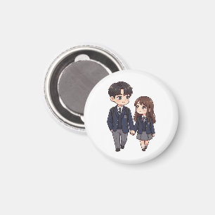 Cute K-Drama School Student Couple Round Fridge Magnet