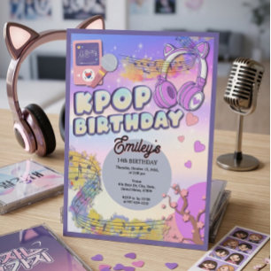 Cute K-pop Birthday Party Pink Cat Ear Headphones Invitation