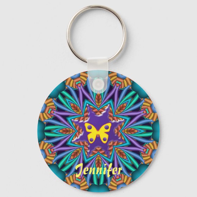 Cute kaleidoscope Ketchain with Name & Butterfly Key Ring (Front)