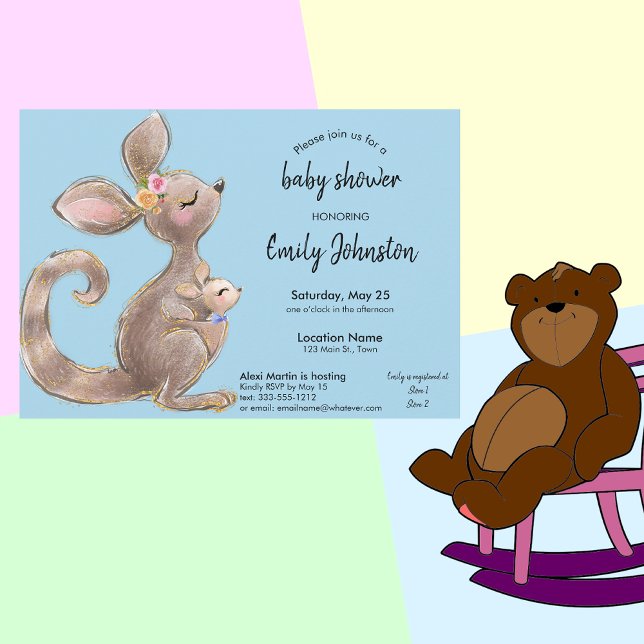 Cute Kangaroo and Joey Blue Baby Shower Invitation (Creator Uploaded)