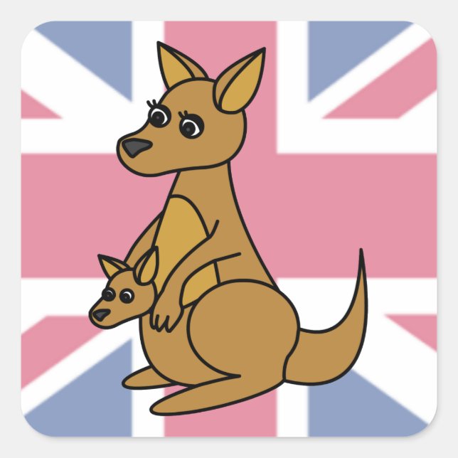 Cute Kangaroo and Joey Flag Background Square Sticker (Front)
