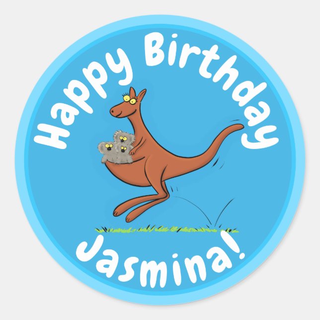 Cute kangaroo and koalas cartoon illustration classic round sticker (Front)