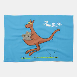 Cute kangaroo and koalas cartoon illustration tea towel