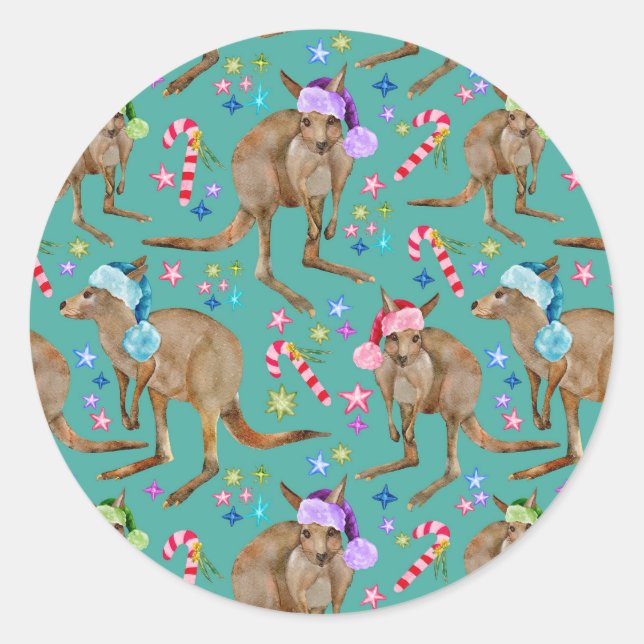 Cute Kangaroo Christmas Classic Round Sticker (Front)