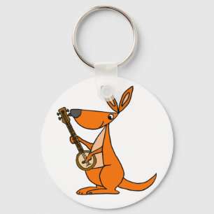 Cute Kangaroo Playing Banjo Cartoon Key Ring