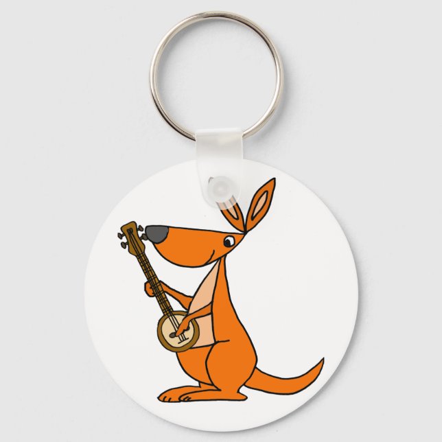 Cute Kangaroo Playing Banjo Cartoon Key Ring (Front)