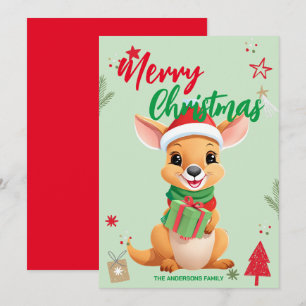 Cute  Kangaroo santa Christmas Holiday Family name Card