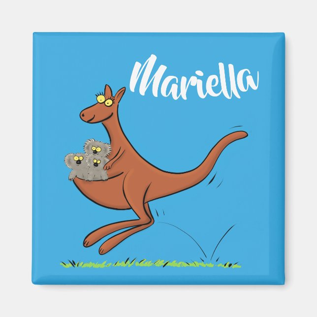 Cute Kangaroo with koalas cartoon magnet (Front)