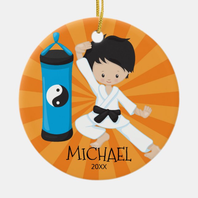 Cute Karate Boy Personalised Christmas Ornament (Front)
