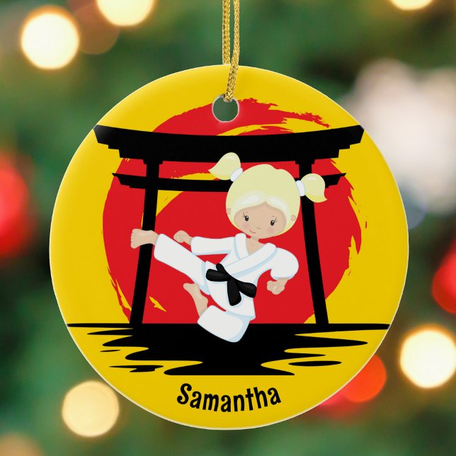 Cute Karate Girl Customisable Kids Name Christmas Ceramic Ornament (Creator Uploaded)