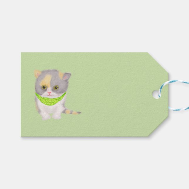 Cute Katie kitten green gift tag (Front (Horizontal))