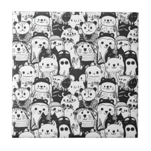 Cute Kawaii Animal Doodle Pattern (1) Ceramic Tile
