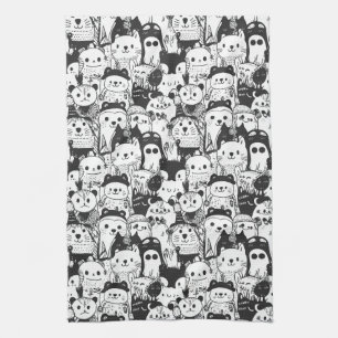 Cute Kawaii Animal Doodle Pattern (1) Tea Towel